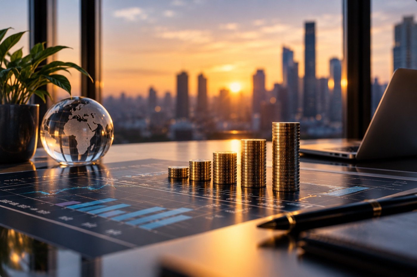 Rising coin stacks on a desk overlooking a city skyline at sunset