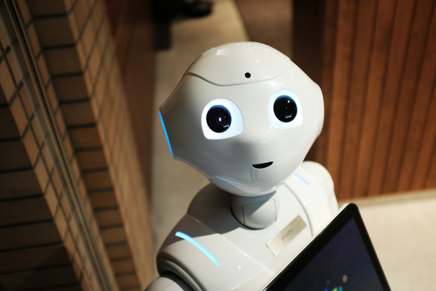A friendly service robot at work in a shop